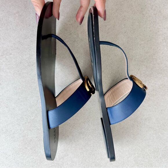 Gucci GG Marmont Sandals Navy Blue Leather Thong Flats Flip Flops EU 39.5 US 9.5 - Picture 4 of 12